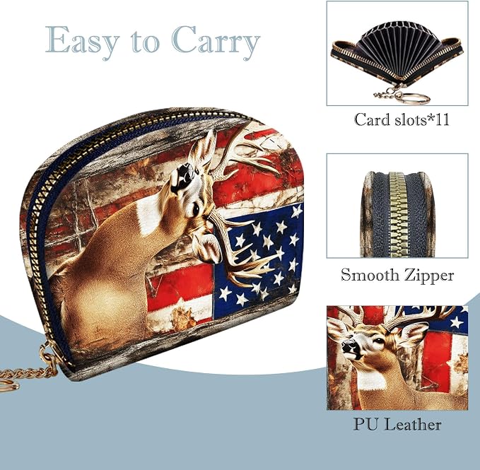 Women's Slim RFID Wallet – Compact Leather Card Holder Wallet for Women, 9 Card Slots RFID Blocking Credit Card Organizer, Small Travel Wallet - American Flag and Deer