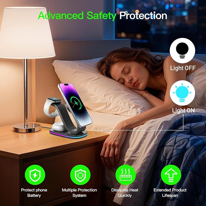 Wireless Charger 3 in 1 for iPhone, Magnetic Charging Station for Apple Family with Adjustable Multicolor Ambient Light, 15W Fast MagSafe Charger Stand,for iPhone17-12-iWatch AirPods Series