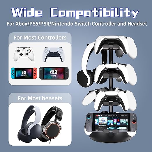 Controller Holder Stand 4 Tiers for Desk, Aluminum Alloy Rotatable Gaming Headset Stand for PS5/PS4/Xbox/Switch2/PS Controller/Headphone Holder for 12 Packs Controller