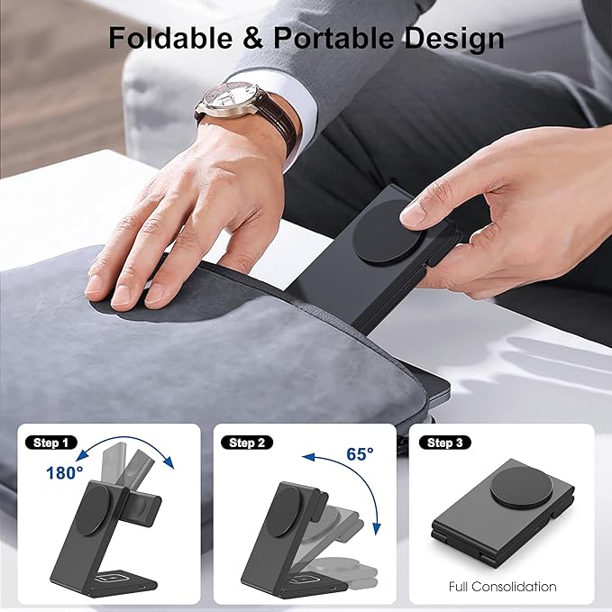New Travel Foldable 3 in 1 Wireless Charging Station for Apple Magsafe Charger Stand,Fast Magnetic Wireless Charger Station for iPhone 17 Air 16 15 14 13 12 Series,Airpods Pro,Apple Watch Ultra-Black