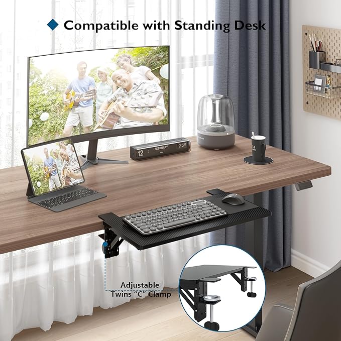 BONTEC Small Ergonomics Desk Extender Tray, 20x9.5 Inch Table Mount Arm Rest Shelf, 90° Foldable Keyboard Tray Platform, Clamp on Computer Arm Rest for Desk Suitable for Office Desks, Black Carbon