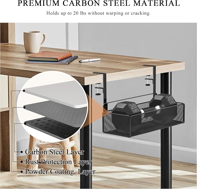 Office Under Desk Organizer Storage, Metal 3-IN-1 Clamp On Desk Side and Desktop File Document Magazine Organization Wall Hanging Bin Holder Office Supplies For Home School Essentials
