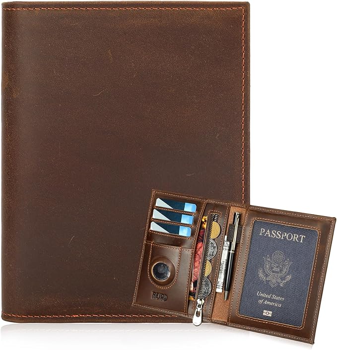 HIDO RFID Passport Holder for Men, Slim Leather Travel Wallet with Airtag Slot & RFID Blocking