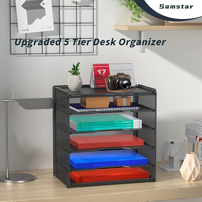 Samstar 2 Pack Paper Letter Tray, Mesh Desk File Organizer with 5 Tier Shelf and Sorter, Black