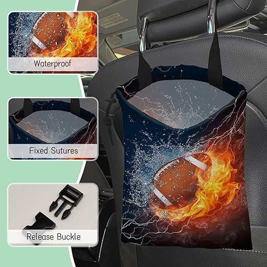 American Football Car Trash Bag,Fire and Water Hanging Drawstring Car Garbage Bag,Waterproof Canvas Car Back Seat Organizer with Adjustable Buckle,for Vehicles,SUVs,Camping,Road Trips