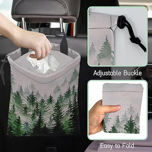 Misty Forest Car Trash Bag,Foggy Forest Mountains Hanging Drawstring Car Garbage Bag,Waterproof Canvas Car Back Seat Organizer with Adjustable Buckle,for Vehicles,SUVs,Camping,Road Trips