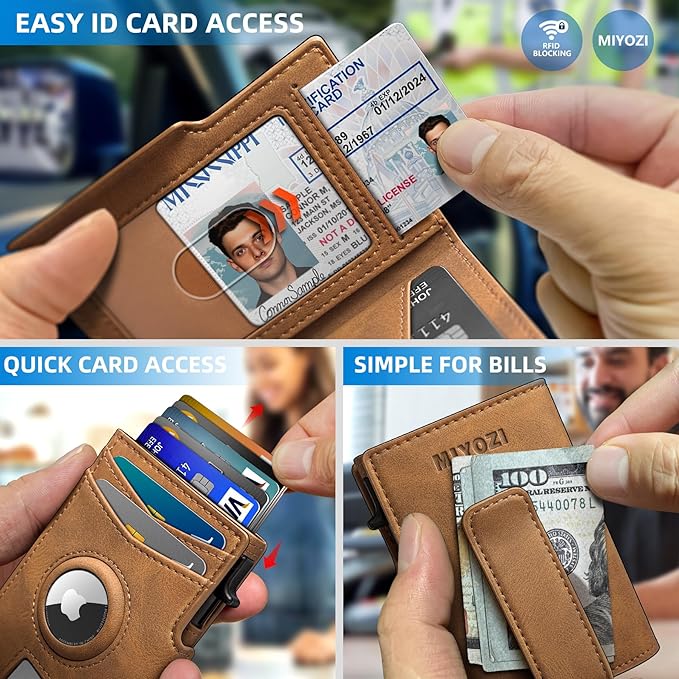miyozi Airtag Wallet for Men,with Money Clip 10 Cards Metal Case Smart Slim Pop Up Credit Card Holder Flip with Magnetic Closure RFID Blocking wallet with Gift Box