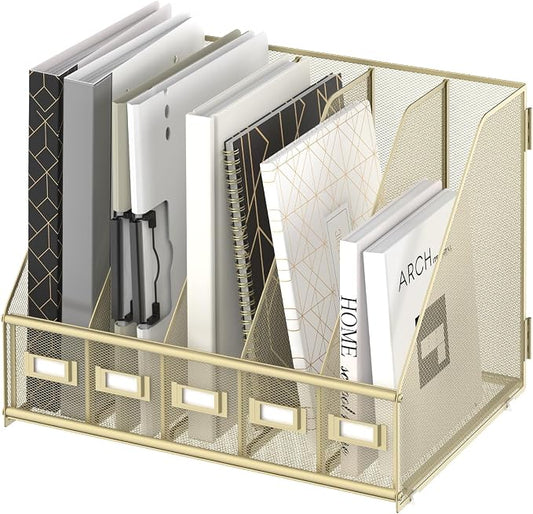 SUPEASY Desk Organizers Metal Desk Magazine File Holder with 5 Vertical Compartments Rack File Organizer for Office Desktop, Classroom, Home Workspace, Golden Yellow