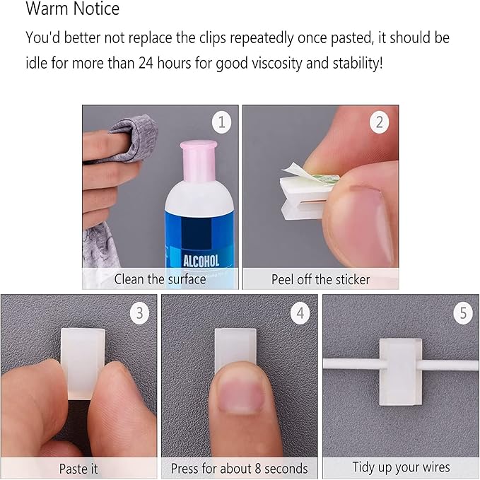 Hicarer 100 Pcs Adhesive Cable Clips Wire Clips Management Wire Cable Holder Clamps Tie Cord Holder for Car Outdoor Wall String Lights Desk Home Office(Small, White)