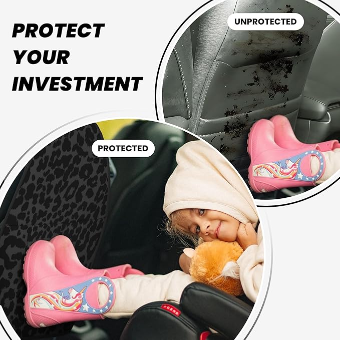 2 PCS Black Leopard Print Car Backseat Organizer,Waterproof Oxford Kick Mats Back Seat Protector with 3 Storage Pockets,Car Back Seat Organizer for Kicking Feet Pet Scratch