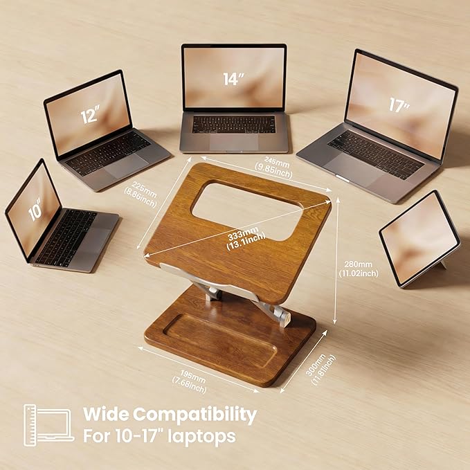 Ergonomic Wooden Laptop Stand with Pen Slot, Adjustable Height & Angle, Hollow Cooling, Foldable for Desk Use, for 10-17 Inch Laptops/Tablets