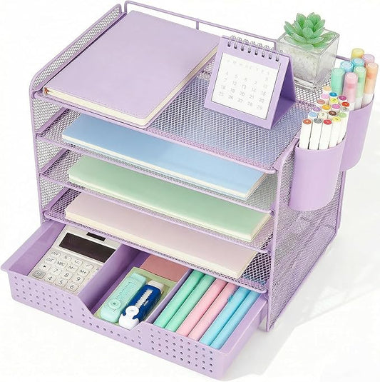 LEKETREE Desk Organizers and Accessories, 5-Tier Paper Letter Tray Organizer with Drawer & 2 Pen Holders, Desktop Organizer for Office Supplies (Purple)