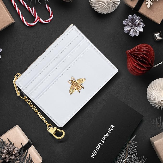 SEAVILIA Card Holder Keychain Wallet for Women with ID Window RFID Coin Purse Bee Gifts Slim Minimalist Small Wallet