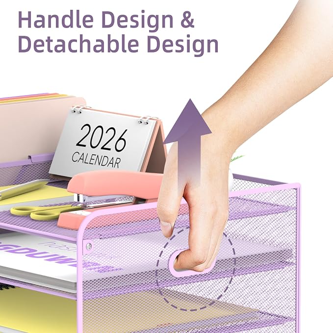 SUPEASY Mesh Desk Organizer with File Holder, 5-Tier Paper Letter Tray Organizer with Magazine Holder, Desktop Organizer and Storage with Drawer for Office Supplies Home or School (Purple)