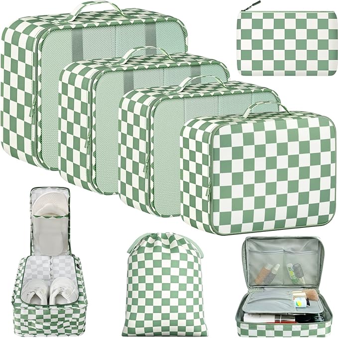 BAGAIL 8 Set Packing Cubes Luggage Packing Organizers for Travel Accessories-Matcha checkered