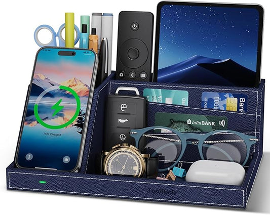 TopMade Wireless Charger Desk Organizer, Leather Multi-Functional Office Supplies Desk Accessories, Remote Control Pen Holder Fast Charging Station, for iPhone Charger Stand, Gifts for Men (Blue)