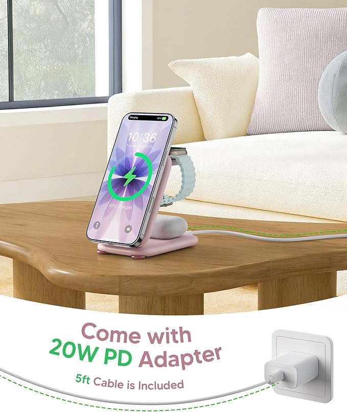 PaktVault 2026 Traveling Fast Wireless Charging Station for Apple Devices, Magnetic 3 in 1 MagSafe Charger Stand for iPhone 17 16 15 14 13 12 Pro Max Plus Air, Apple Watch&Air pods Pro, Pink