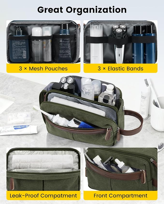 Vorspack Canvas Toiletry Bag for Men - Water Resistant Travel Bag for Toiletries, Bathroom Essentials, Accessories - Green
