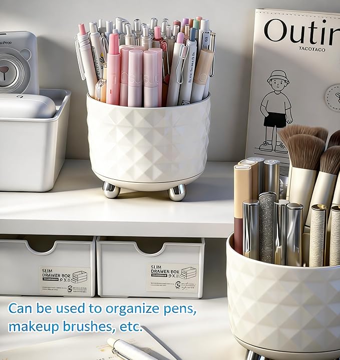 360° Rotating Pencil Holder for Desk, Makeup Brush Holder with 6 Slots, Desk Organizer for Writing Utensil, Office and School Supplies (Milky White)
