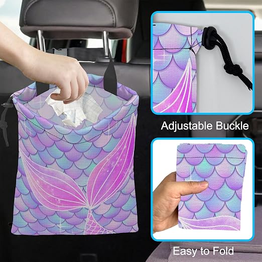 Car Trash Bag Mermaid Car Garbage Bag Hanging Car Trash Can for Back Seat with Drawstring