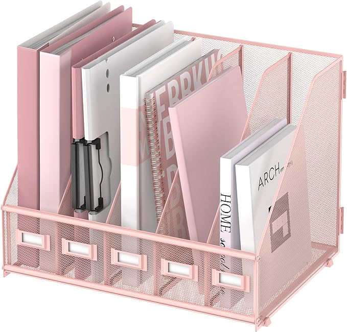 SUPEASY Desk Organizers Metal Desk Magazine File Holder with 5 Vertical Compartments Rack File Organizer for Office Desktop, Classroom, Home Workspace, Pink