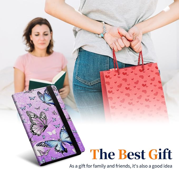 Premium PU Leather Checkbook Cover for Men & Women,RFID Blocking Slim Check Book Holder with Duplicate Check Divider & Pen Holder,Fits Standard Personal Checks,Butterflies Purple