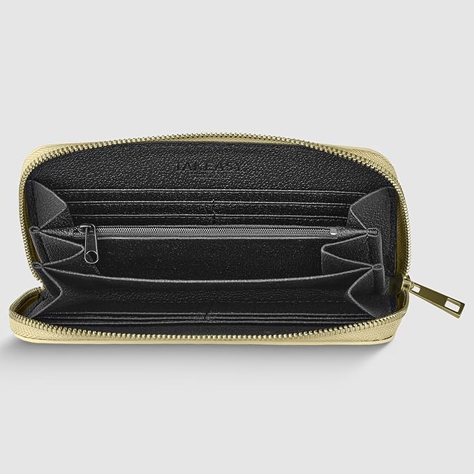 Italian Genuine Metallic Leather Wallet for Women with 3 Compartments & Zip Close | Small Rectangular Card Holder (Gold)