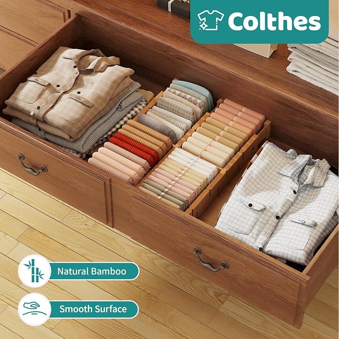 6 Pack Bamboo Drawer Dividers with Inserts, Kitchen Adjustable Drawer Organizers, Expandable Organization for Home, Dressers, 6 Dividers with 12 Inserts