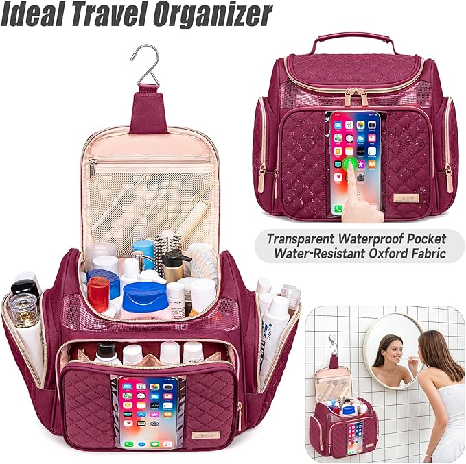Tealari Large Toiletry Bag for Women Men,Bathroom Bag,Water Resistant Shower Bag,Makeup Bag,Portable Shower Caddy for College Dorm,Hanging Travel Toiletry Bag with Transparent Waterproof Phone Pocket