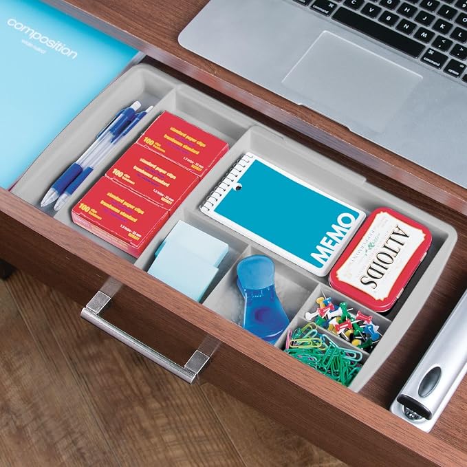 mDesign Expandable Plastic Drawer Organizer and Storage Container for Office Supplies - Gel Pen Pencil, Marker, Stationary, Desk Supply Holder for Drawers and Desktop - Lumiere Collection - Light Gray