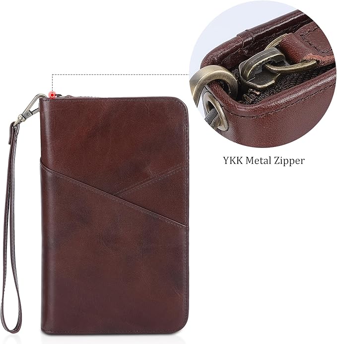 Polare Full Grain Leather Passport Holder With YKK Zipper RFID Blocking Travel Document Organizer Ticket Holder Cover Case Holds 2 Passports (Coffee)