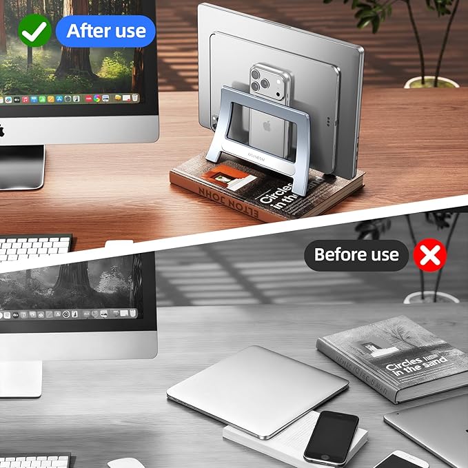 Vertical Laptop Stand for Desk, Gravity Auto Lock MacBook Stand,ABS Plastics Laptop Holder Vertical Compatible with MacBook Pro, Air,Tablet, Space-Saving Organize Work & Home Office(Silver)