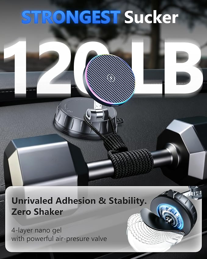 15W MagSafe Car Charger Mount, Magnetic Wireless Car Phone Holder with Dual Input Port, Vacuum Suction & Nano Adhesive Base, 360° Rotation Stable Car Charging Stand for iPhone 12-17, Samsung S26