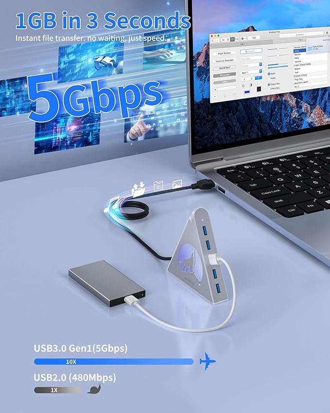 7 Port USB Hub, JoyReken USB 3.0 Hub with 2 FT Long Cable, Vertical USB Extension Hub for Laptop, MacBook,Xbox,PS4/5, Flash Drive, XPS, PC, Flash Drive, Game Console, Printer, Keyborad, Mouse (Silver)