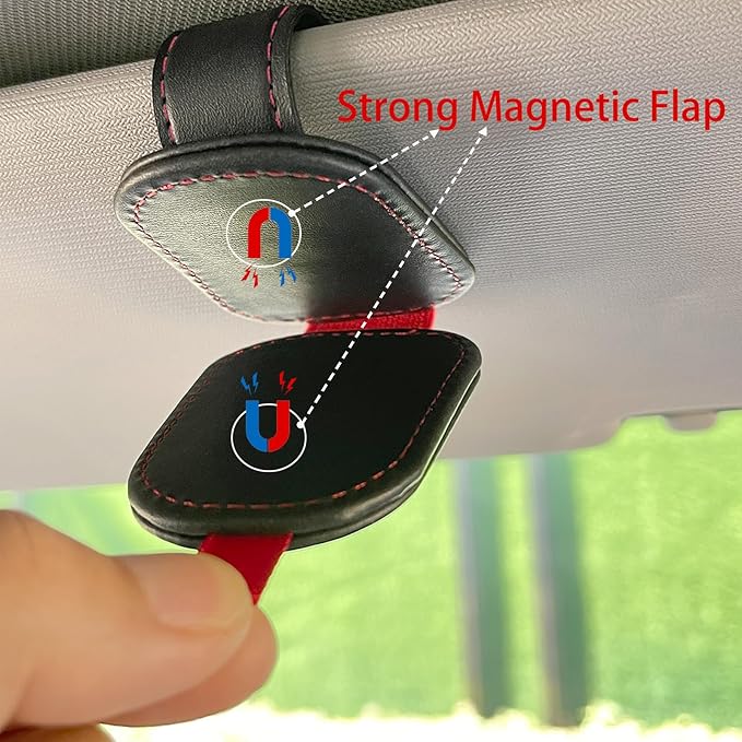 2 Pack Sunglasses Holder for Car Visor, Magnetic Leather Eyeglass Clip, Applicable to Most Eyeglasses,Ticket，Notes and Non-Magnetic Cards, etc. (Black)
