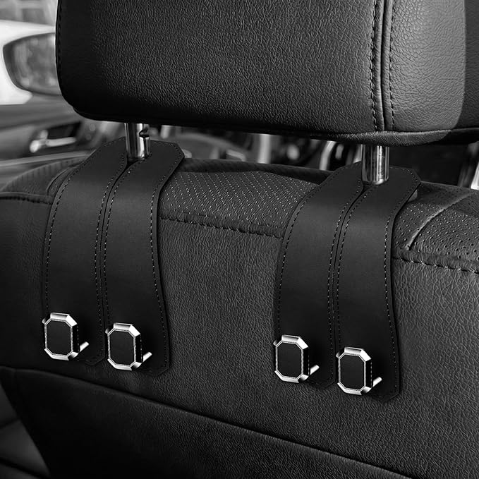 2PCS Car Hooks for Headrest, Faux Leather Purse Hook for Car Seat Back Organizers and Storage, Double Metal Purse Holder Bag Hanger, Universal Car Interior Accessories for Women Man
