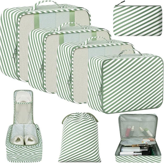 BAGAIL 8 Set Packing Cubes Luggage Packing Organizers for Travel Accessories-White and Matcha Stripe