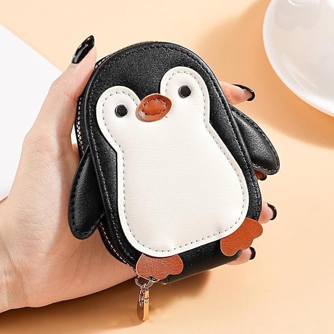 Novel and Interesting Cute Cartoon Penguin-shaped Coin Purse PU Leather Accordion Card Holder Large Capacity Zippered Money and Card Organizer Portable Mini Pocket Coin Purse Key Pouch (black)