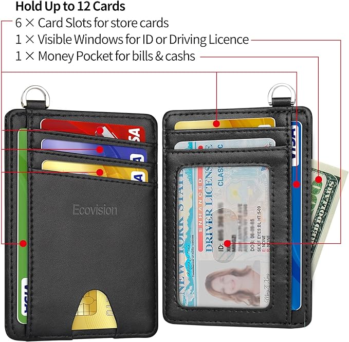 EcoVision Slim Minimalist Front Pocket Wallet, RFID Blocking Credit Card Holder Wallet with Detachable D-Shackle for Men Women