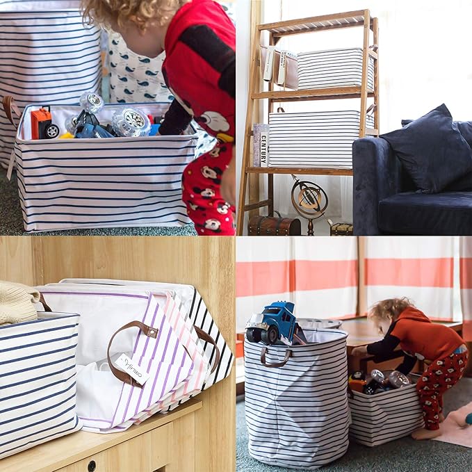 Hinwo 4-Pack Large Canvas Fabric Storage Baskets with Handles, 31L Rectangle Storage Bins, Collapsible Storage Box, Clothes, Toys, Blankets Organizers, 16.5 x 11.8 x 9.8 inches, (Navy Blue Stripe)