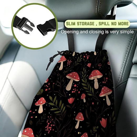 Car Gabage Bag Red Mushroom and Leaves Waterproof Car Trash Bag Hanging Leakproof Car Garbage Bag Washable Reusable Trash Bag For Car Interior Hanging Organizer Storage Vehicle Travelling Camping