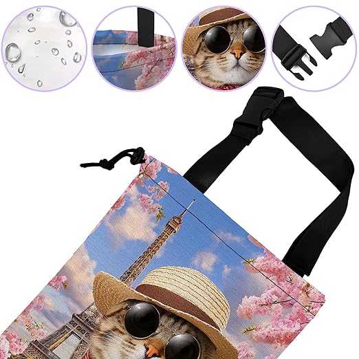 Car Trash Bag Funny Cat and Eiffel Tower Car Garbage Bag Waterproof Car Trash Can for Back Seat with Adjustable Straps and Drawstring, Foldable Car Trash Bin for Car Accessories
