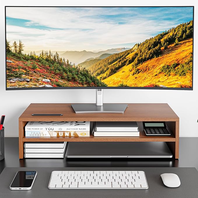 BONTEC Wood Monitor Stand Riser, 2-Tier Desktop Organizer with Storage, Ergonomic Computer Stand for Desk, Cable Management, Cellphone Holder, 21.3 Inch Shelf, Walnut