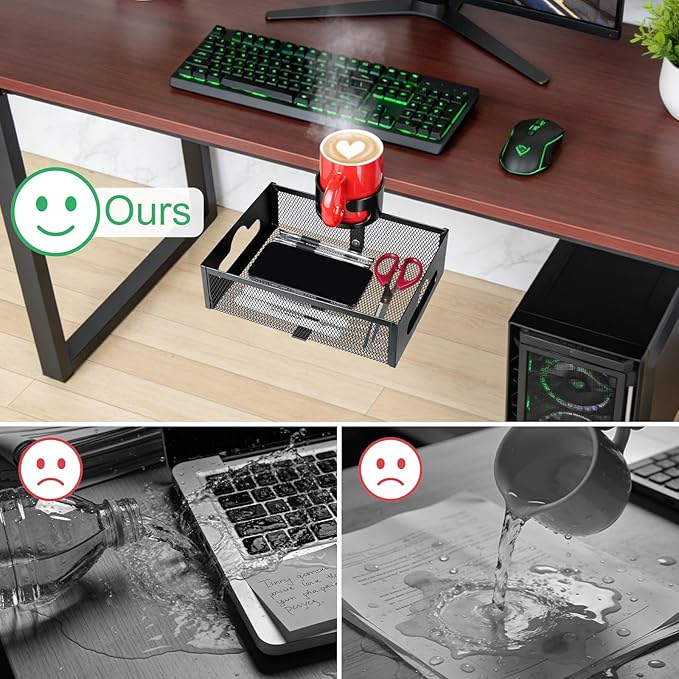 MYITYARD Desk Cup Holder Clamp, Anti-Spill Clip On Table Cup Holder with Rotation Drawer Organizer, Under Desk Storage Box Drink Holder for Desk Attachment, Gaming Desk Accessories for Office Home