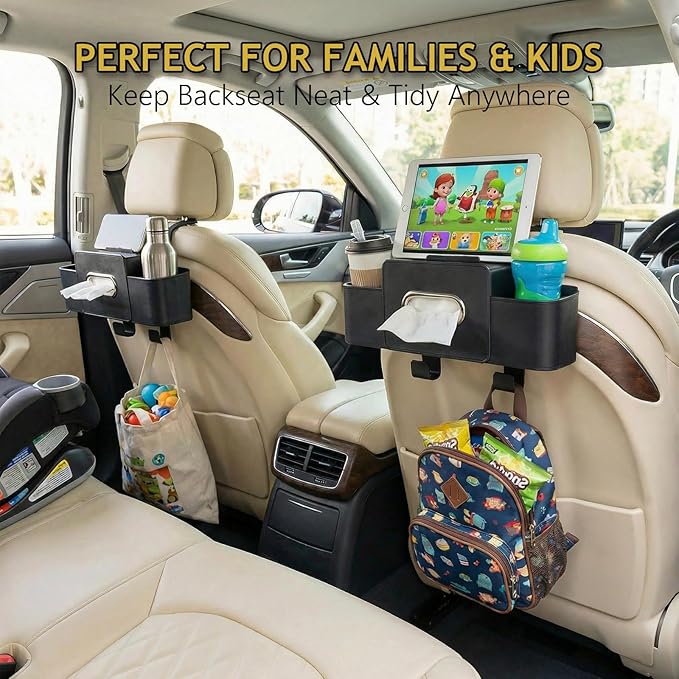 Backseat Car Organizer, 4 in 1 Multifunctional Car Back Seat Storage Organizer with Tissue Box, 2 Cup Holders, Phone Stand and Hooks, Automotive Seat Back Organizers (Orange)