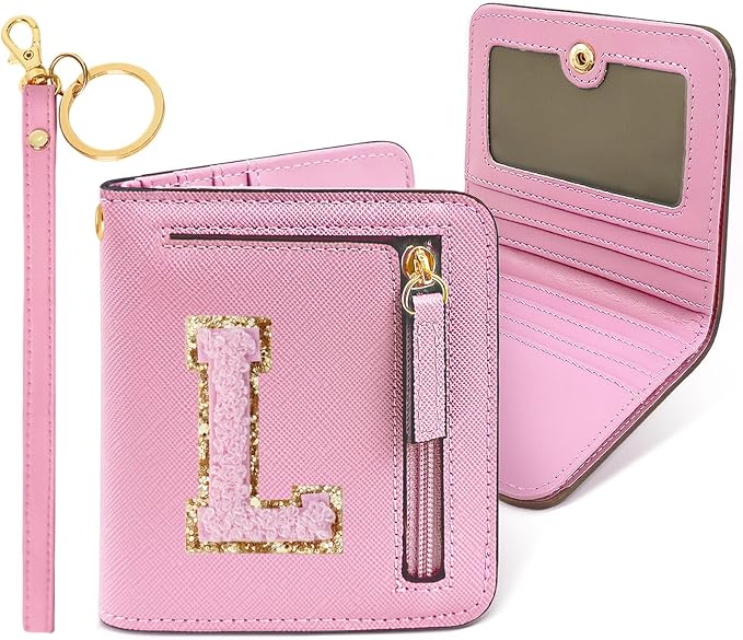 COSHAYSOO Cute Flower Girl Christmas Gifts from Bride Small Initial Wallet RFID Bifold Wedding Bachelorette Party Gifts for Bride to be Bridesmaid Gift Ideas Chenille Letter L Pink