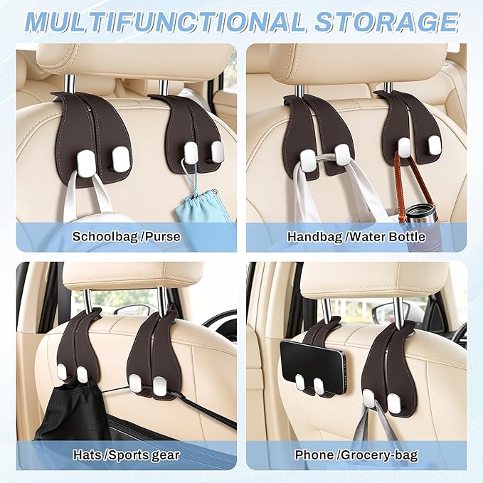 SINGARO 2PCS Car Purse Holder Hook, Seat Back Storage Hook, Leather-Wrapped Alloy Double Headrest Hook for Purses & Bags, Cute Car Interior Accessories for Women and Men, Brown