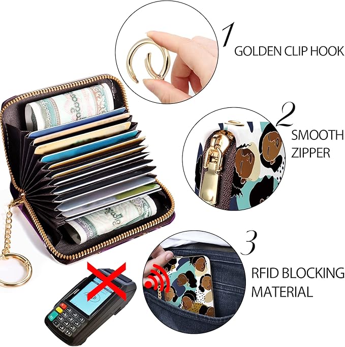 Credit Card Holder RFID Wallet, Small Card Holder Wallet for Women with Keychain Zipper, Funny Leather Print Credit Card Wallets Accordion Gift
