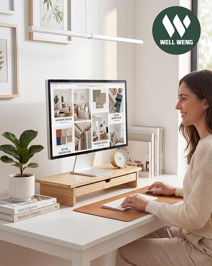 Bamboo Monitor Stand with Large Storage Drawer,23 Inch Ergonomic Computer Riser for Desk, Holds Up to 220lbs, Screen Shelf with 5 Compartments for Keyboard & Stationery Organization