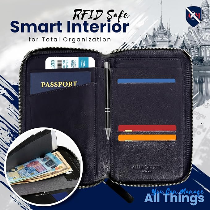 ALLEN & MATE 100% Leather Passport Holder for Travel RFID Blocking Passport Wallet for Men & Women - Zippered Compact Travel Document Organizer Fits Passport, Cash, Cards, SIM, ID and Tickets